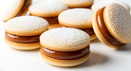 Close-up view of several round cookies with caramel filling.