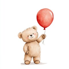Adorable and playful teddy bear holding a bright red balloon against a clean minimalist white background  This whimsical watercolor style digital captures the joy and innocence of childhood