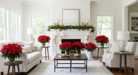 Living Room Decorated for Christmas with Poinsettias and Garland