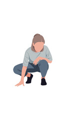 Naklejka premium A young woman crouching down in a minimalist style. Faceless vector illustration of a person squatting and looking at the ground, isolated on white.