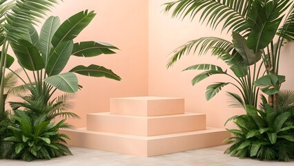 Tropical paradise stage with lush greenery and peach background