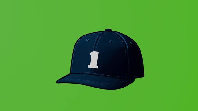 Navy blue baseball cap with white number one in bold, digital art style, centered on vibrant green background, representing sports and leadership