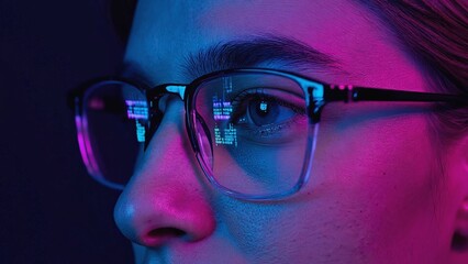Side view of woman wearing smart glasses with code reflections on lenses, representing digital data processing, virtual reality, cybersecurity, artificial intelligence, wearable technology innovation
