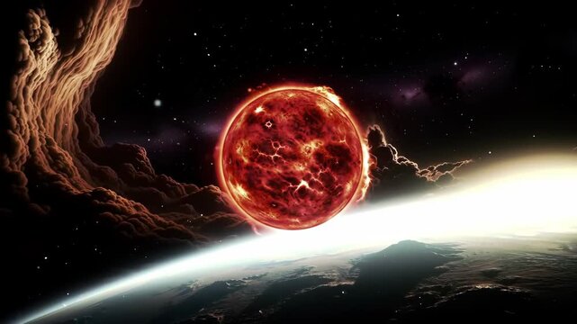 Red Supergiant Star Over Alien World: Plasma, Flares, and Cosmic Clouds in Motion