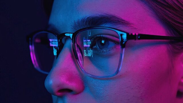 Side view of woman wearing smart glasses with code reflections on lenses, representing digital data processing, virtual reality, cybersecurity, artificial intelligence, wearable technology innovation