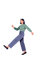 Fototapeta premium Confident woman striding forward. Modern flat vector illustration of a female character in casual attire on a transparent background.