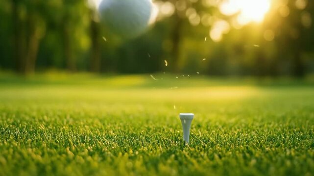 Close-up, low-angle shot of a golf ball on a tee at sunrise, capturing serene greenery. Ideal for a tranquil sports video theme. Live desktop wallpaper.
