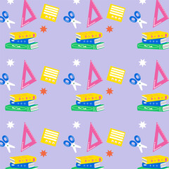 Fototapeta premium A vibrant seamless pattern featuring colorful school supplies. An educational background illustration with books, rulers, and scissors for back-to-school themes.
