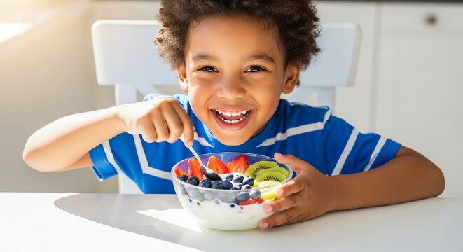 Adorable african american boy eating healthy fruit and yogurt breakfast. Happy kid enjoying nutritious meal at home.