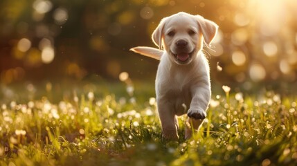 Golden labrador puppy sprinting cheerfully through a sunlit meadow full of wildflowers