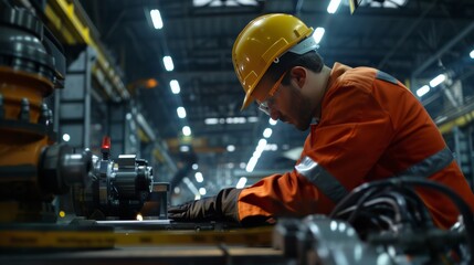 photograph of An engineer on a factory floor, solving technical problems with the help of advanced machinery and software wide angle lens