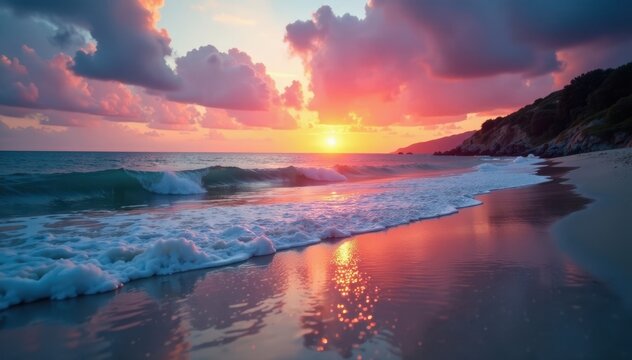 Soft waves caress the beach at sunset; the sky's fiery hues mirrored in the water , serene, evening