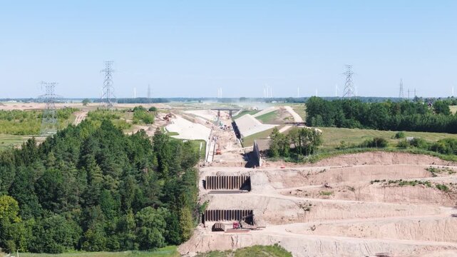 Endless railway line in construction process, aerial view