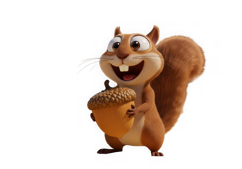 Happy cartoon squirrel holding an acorn isolated on transparent background