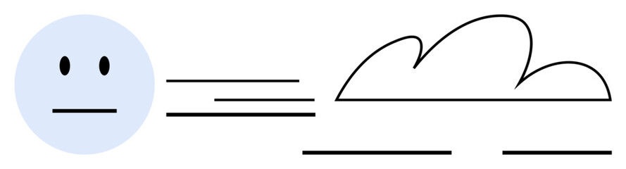 Neutral face beside moving lines pointing toward a cloud, expressing mental flow or calmness. Ideal for emotion, mindfulness, simplicity, thought, introspection, focus creativity. Simple flat