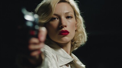 Fototapeta premium A female detective stands ready for action, her trench coat and gun in hand, her determined gaze showcasing her authority and strength in the face of danger.