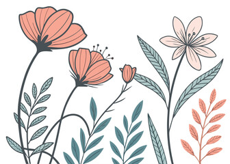 Artistic floral arrangement featuring pink and peach flowers with delicate leaves on a clean white background