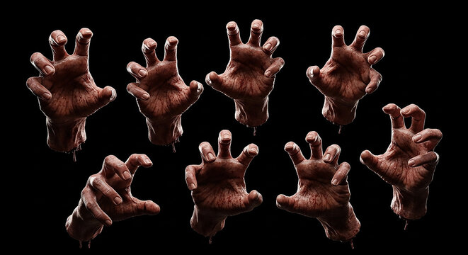 A creepy collection of zombie hands reaching out from the darkness a scary and spooky halloween concept