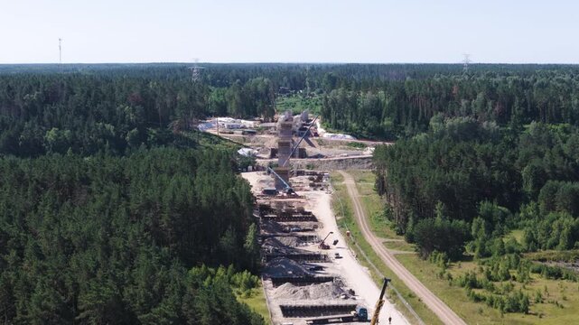 Construction site of Rail Baltica bridge, aerial view