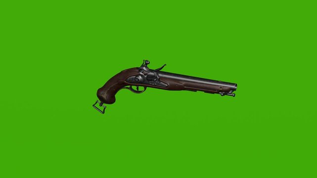 Old-fashioned flintlock pistol shown in realistic style on a solid green background, illustrating a concept of vintage weaponry history