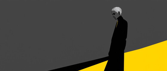 abstract grey banner with sad man silhouette walking over modern minimalistic scenery; concept of depression, sad psychology, grief, famous artist death announcement