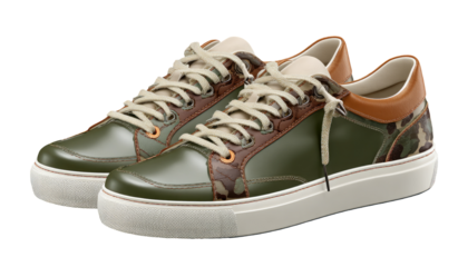 Pair of olive green and tan camouflage sneakers.  High-top laced shoes with a light cream/off-white sole.  Leather or leather-like upper
