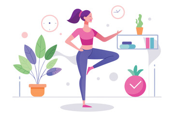 A woman practicing yoga in a room isolated on white background