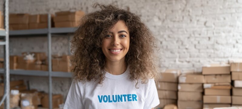 The smiling volunteer showcasing dedication and community support in a warehouse setting.