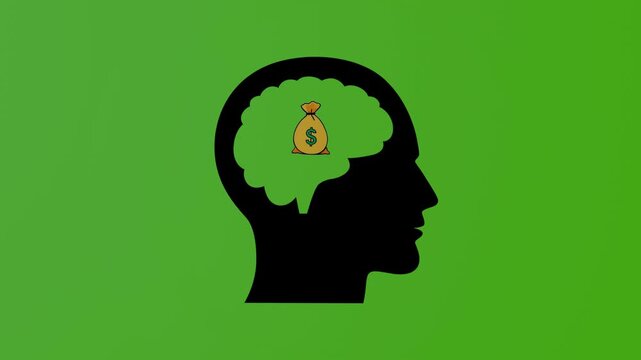 Silhouette of human head with brain containing a money bag icon, flat graphic style, on vivid green background, concept of financial thinking