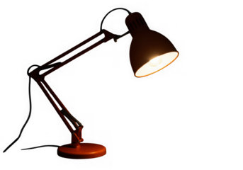 Desk lamp illuminated in darkness isolated on transparent background