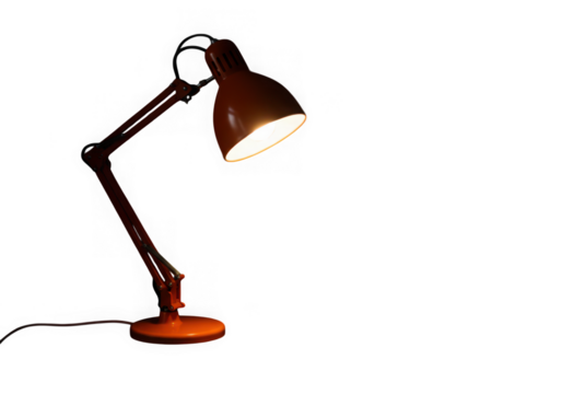 Red articulated desk lamp illuminated isolated on transparent background