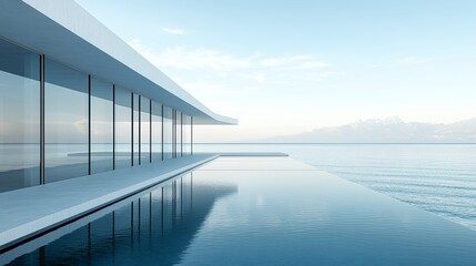 Obraz premium Modern minimalist white house with infinity pool overlooking calm ocean and distant mountains.