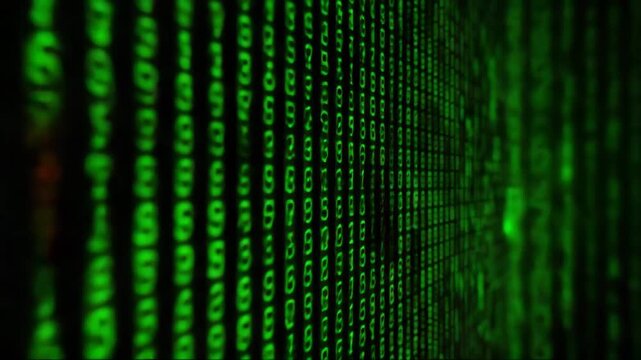 Digital green binary code cascading in abstract matrix style  