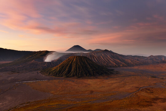 Beautiful sunrise at Tengger volcanic chain with smoking Bromo mount and the colorful Batok mount, Bromo - Tengger Semeru National Park, East Java, Indonesia
