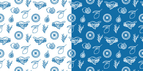 Contemporary blue Mediterranean seamless pattern with hand-drawn lemons, rosemary, figs, and bread