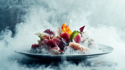Exquisite Sashimi with Dramatic Vapor: An artistic arrangement of fresh, premium sashimi on a modern plate, shrouded in ethereal vapor, creating a visually stunning display of culinary artistry. 