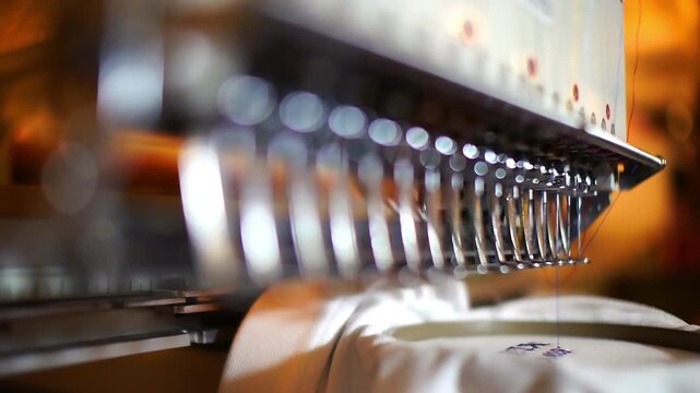 Closeup view of an automated embroidery machine working on a textile design, stitching a pattern onto a shirt. Focus on precision needlework, textile production, and garment customization
