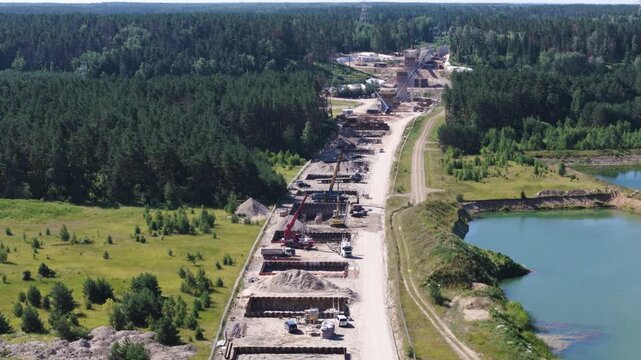 Construction site for bridge columns in Lithuania, aerial view