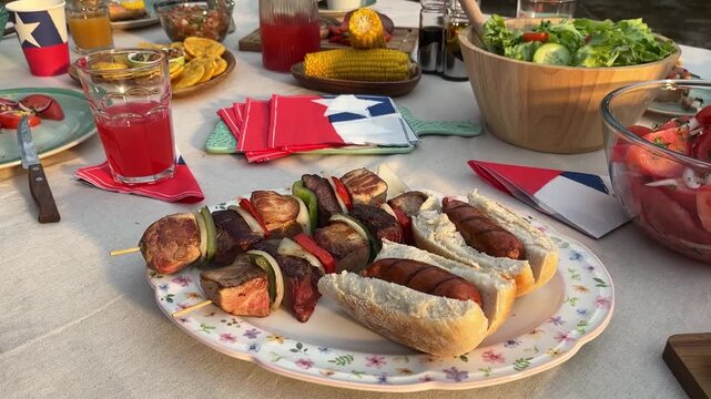Fiestas Patrias chile grill parrilla meat chorizo table empanadas pebre anticuchos