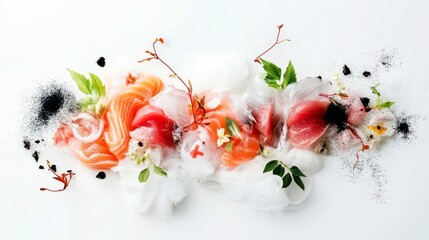 Sushi artfully arranged: An overhead perspective captures meticulously arranged slices of fresh fish and vibrant garnishes, showcasing the culinary artistry of a meticulously crafted dish