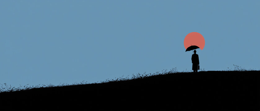 blue banner with unrecognizable silhouette of a person holding an umbrella under red sun; sadness, challenges, mental strength metaphor