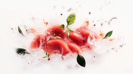 Tuna Sashimi: Delight in a top-down view of a meticulously arranged portion of fresh tuna sashimi, artfully presented on a bed of ice. Embellished with fresh herbs and spices.