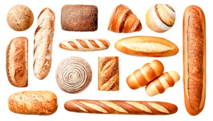 Top view flat lay of assorted bread loaves and rolls, isolated on transparent background, showcasing a delicious and rustic bakery selection