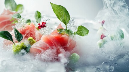 Gastronomic Symphony: A culinary composition of fresh sushi, exquisitely arranged amidst delicate foliage, textures, and a dreamy misty atmosphere, a true visual feast.