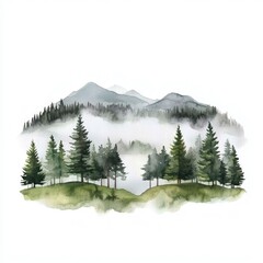 Misty Watercolor Mountainscape with Shrouded Pine Forests   Atmospheric and Ethereal Landscape Evoking a Sense of Mystery and Wonder