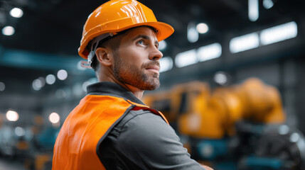 Construction worker wearing safety helmet and vest looking up with confident expression in industrial factory
