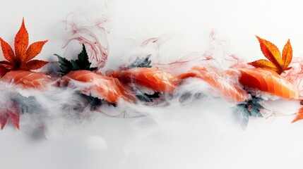 Exquisite Sushi Art: A visually stunning arrangement of fresh sushi, delicate orange salmon and meticulously crafted art.