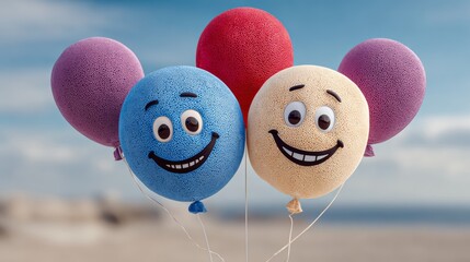 Two balloons with smiling faces are floating in the air. The balloons are colorful and seem to be happy