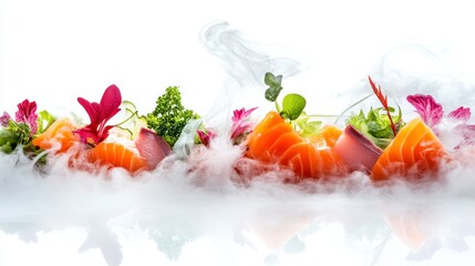 Sushi Sashimi Delight: A tantalizing array of premium sushi and sashimi is exquisitely presented, artfully arranged amidst a soft, dreamy cloud of vapor, inviting culinary enjoyment.