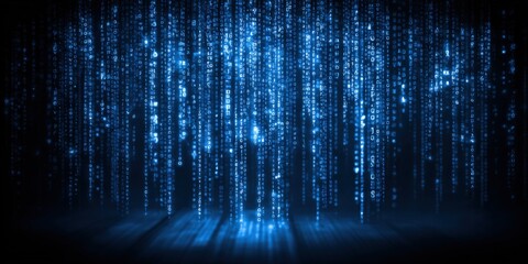 Abstract Blue Digital Rain Background Depicting Data Flow, Information Technology, and Cybersecurity Concepts